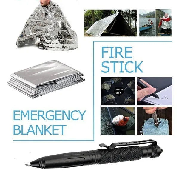 Black stainless steel survival kit with 13 tools including tactical flashlight, compass, and wire saw