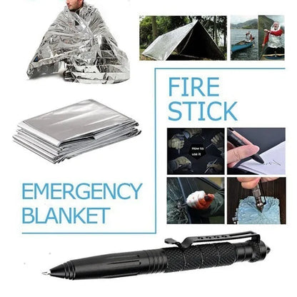 Black stainless steel survival kit with 13 tools including tactical flashlight, compass, and wire saw