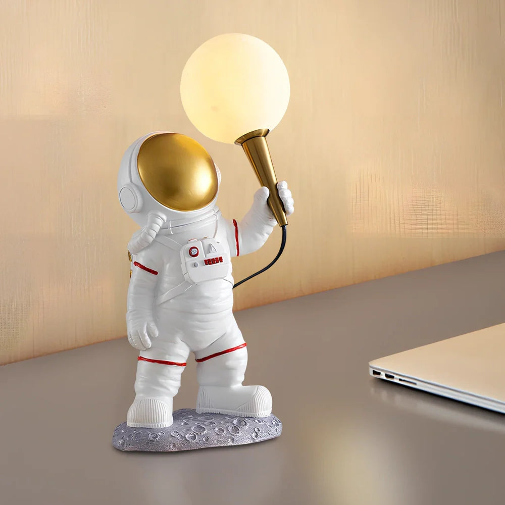 White astronaut desk lamp showing standing, seated, and wall-mounted styles with UK plug