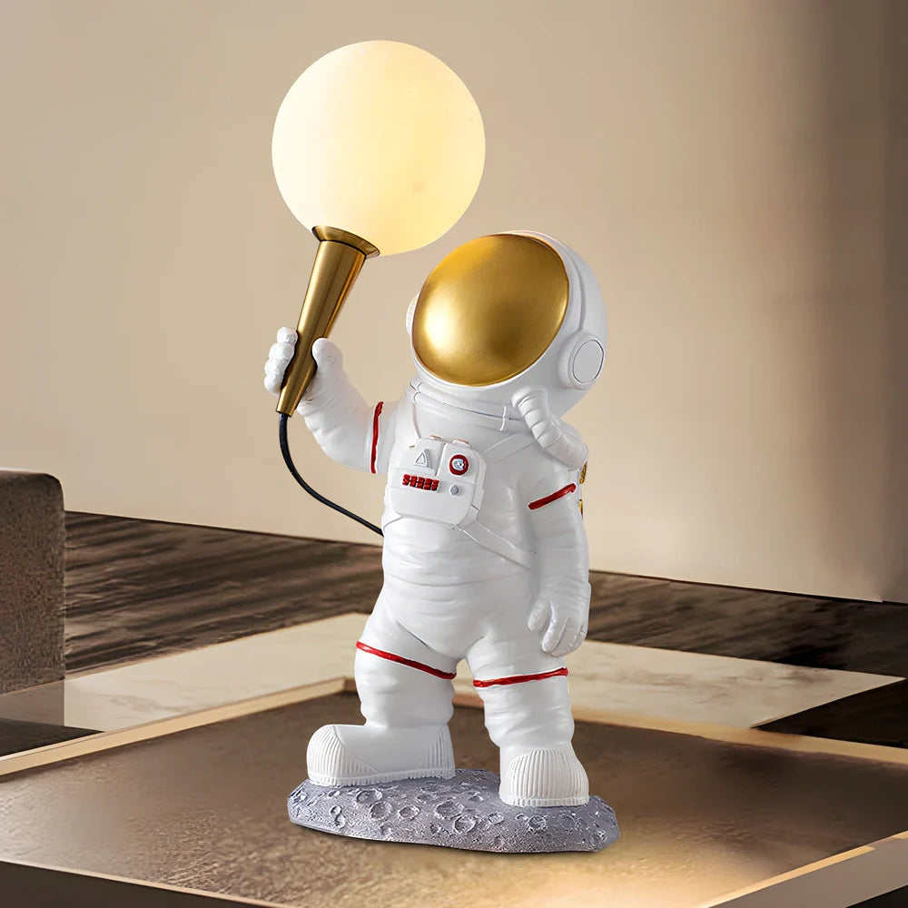 White astronaut desk lamp showing standing, seated, and wall-mounted styles with UK plug