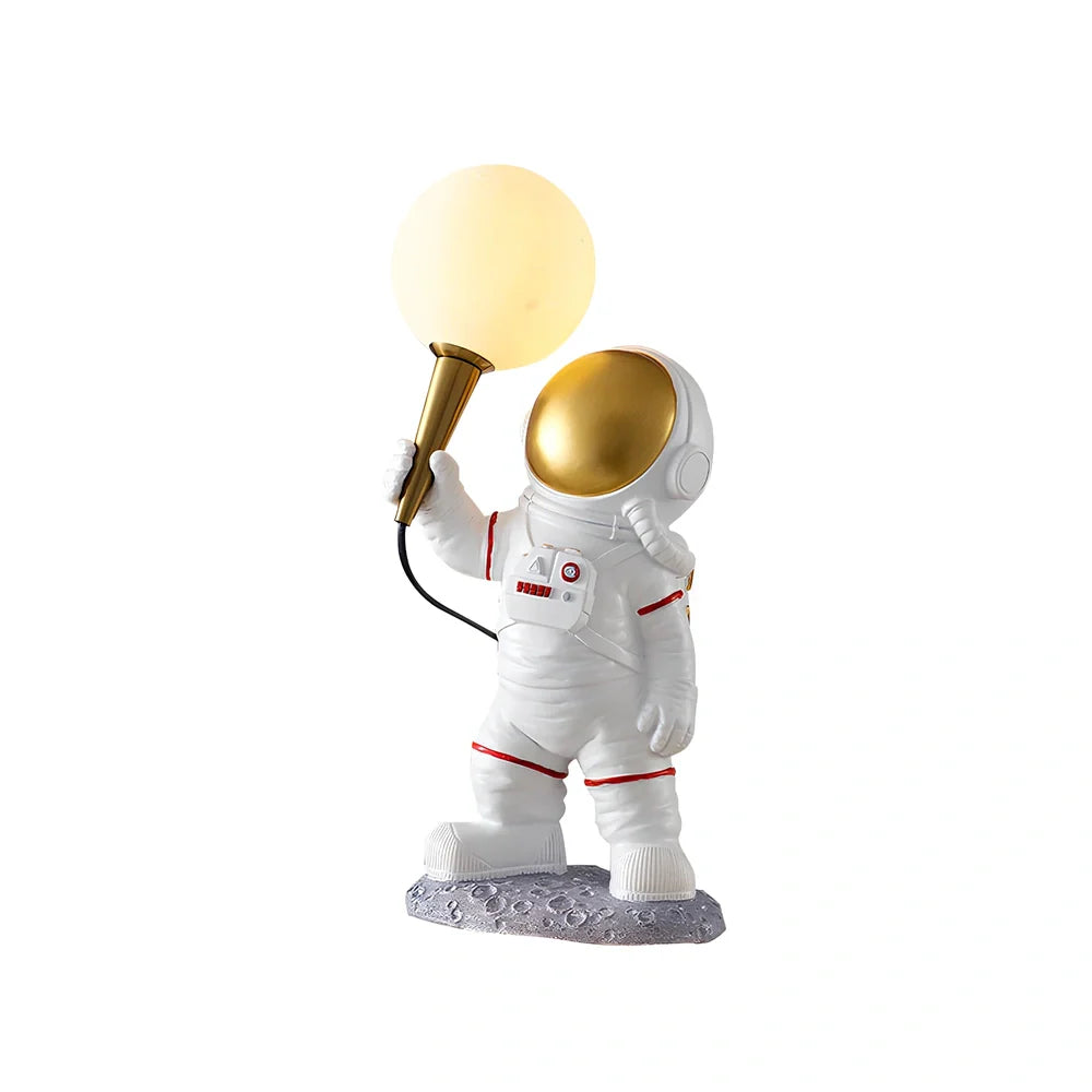 White astronaut desk lamp showing standing, seated, and wall-mounted styles with UK plug