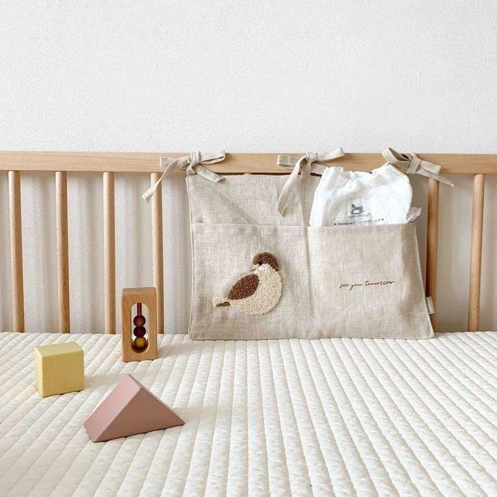 Khaki cotton linen bedside storage bag with 40x30cm pocket organiser hanging beside bed