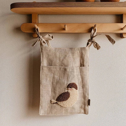 Khaki cotton linen bedside storage bag with 40x30cm pocket organiser hanging beside bed