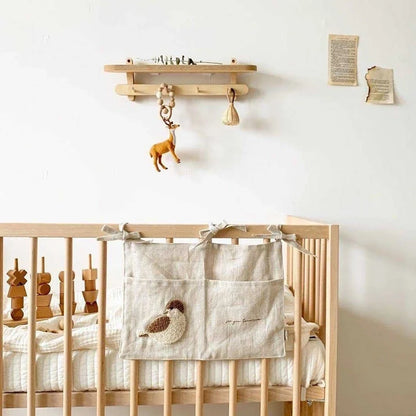 Khaki cotton linen bedside storage bag with 40x30cm pocket organiser hanging beside bed