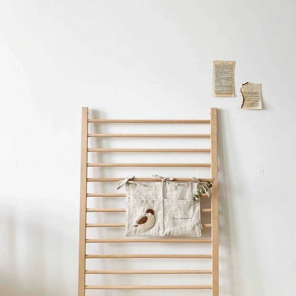 Khaki cotton linen bedside storage bag with 40x30cm pocket organiser hanging beside bed