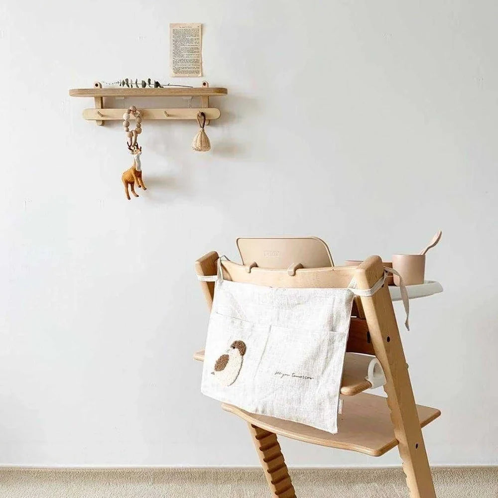 Khaki cotton linen bedside storage bag with 40x30cm pocket organiser hanging beside bed