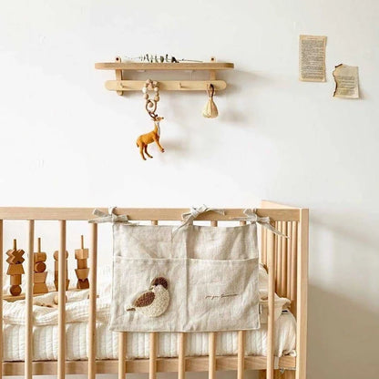 Khaki cotton linen bedside storage bag with 40x30cm pocket organiser hanging beside bed