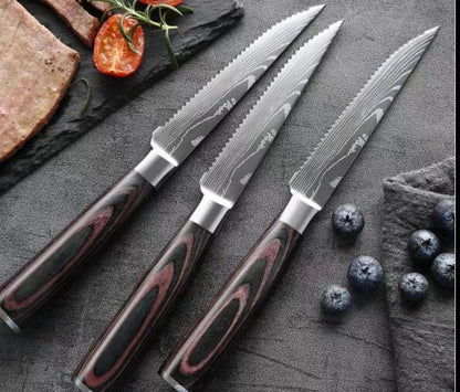 Coloured wooden handle steak knife with serrated stainless steel blade for cutting meats and fruits