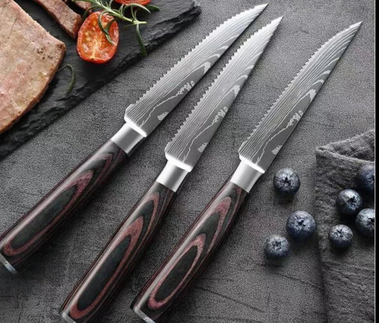 Coloured wooden handle steak knife with serrated stainless steel blade for cutting meats and fruits