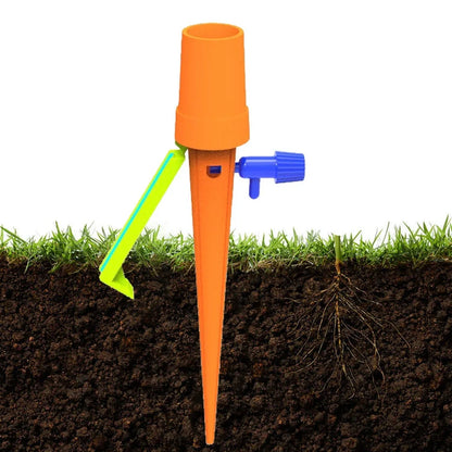 Set of green and orange plastic watering spikes, 16.5 cm tall, for garden plant hydration