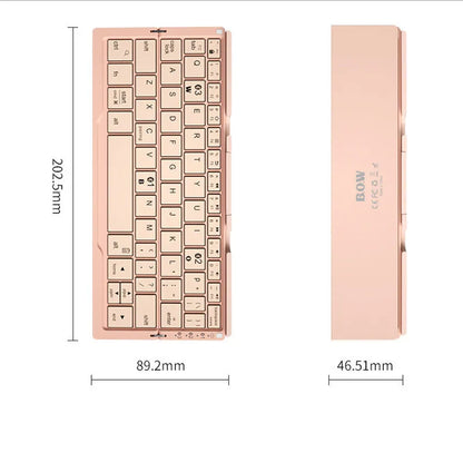Silver white folding Bluetooth keyboard with stand holding tablet, showing compact folded size
