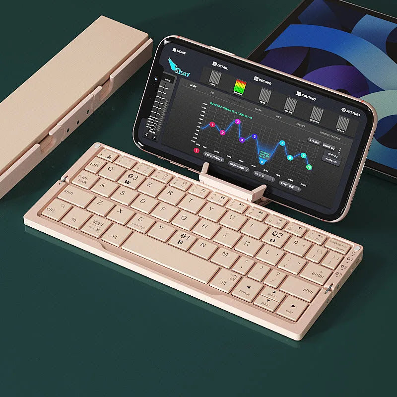 Mini folding Bluetooth keyboard wireless keypad supporting 3 devices simultaneously with aluminium alloy stand rechargeable foldable keyboard for phone tablet travel portable pocket-sized 60 key design