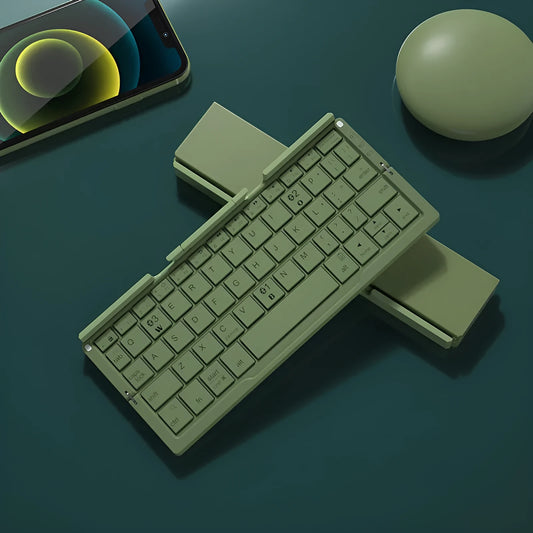 Silver white folding Bluetooth keyboard with phone stand showing 60 keys and compact folded size