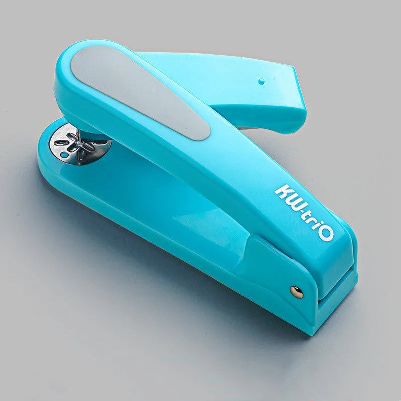 Rotatable stapler in dark blue showing 360° rotation, capable of binding 25 A4 sheets with eight direction options.