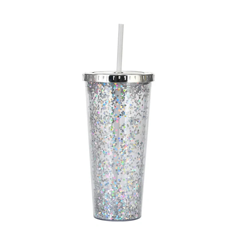 Double-layer sequins cold cup with lids and straws in various colors