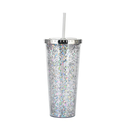 Double-layer sequins cold cup with lids and straws in various colors