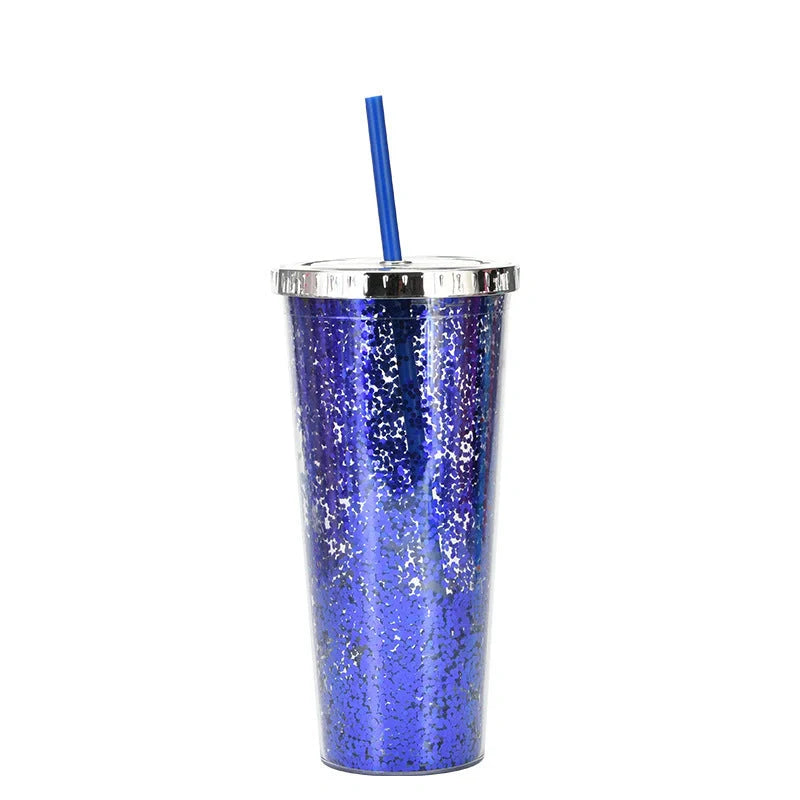 Double-layer sequins cold cup with lids and straws in various colors