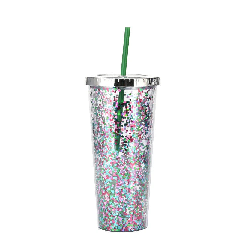 Double-layer sequins cold cup with lids and straws in various colors