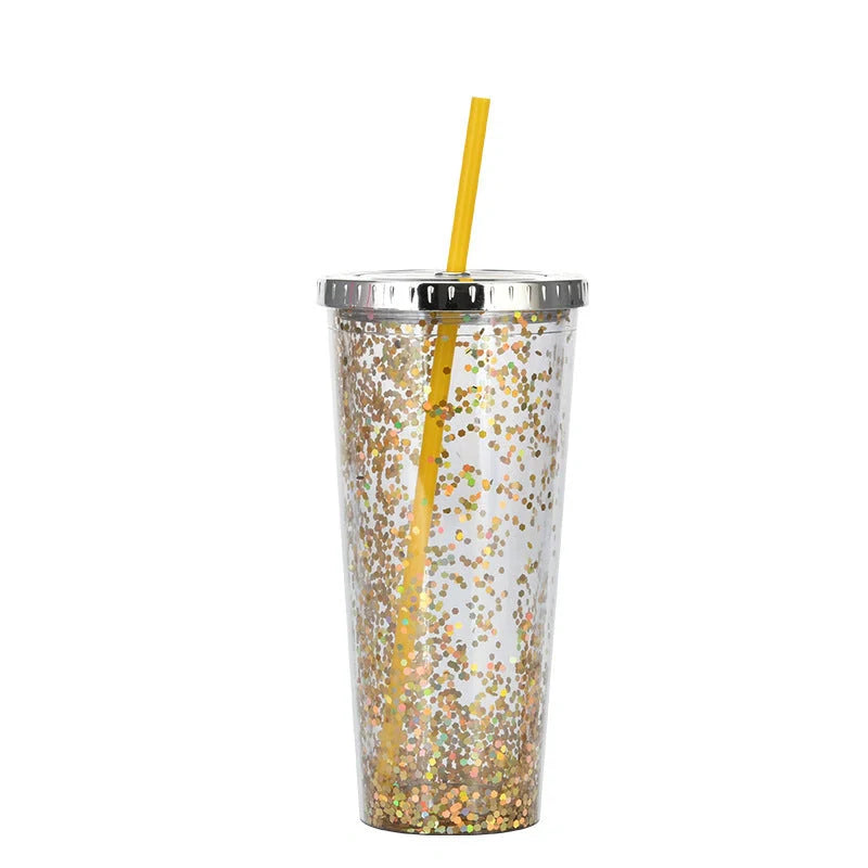 Double-layer sequins cold cup with lids and straws in various colors