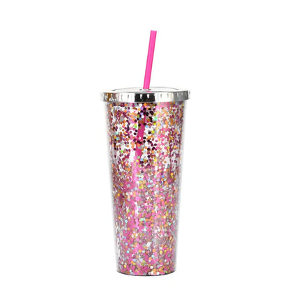 Double-layer sequins cold cup with lids and straws in various colors