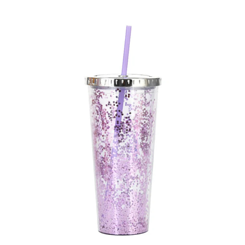 Double-layer sequins cold cup with lids and straws in various colors