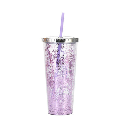 Double-layer sequins cold cup with lids and straws in various colors