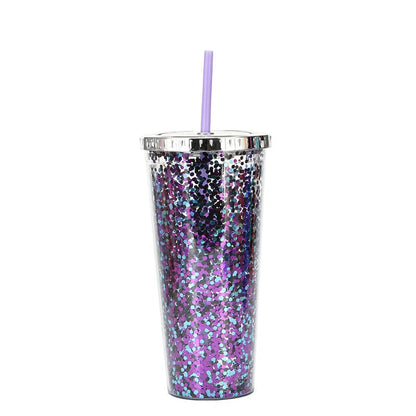Double-layer sequins cold cup with lids and straws in various colors