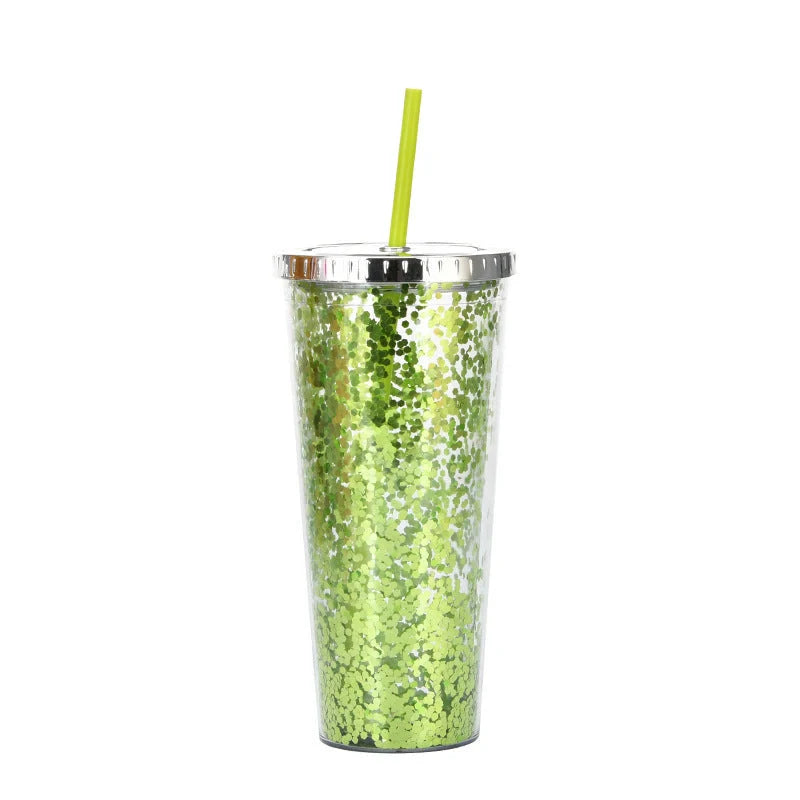 Double-layer sequins cold cup with lids and straws in various colors