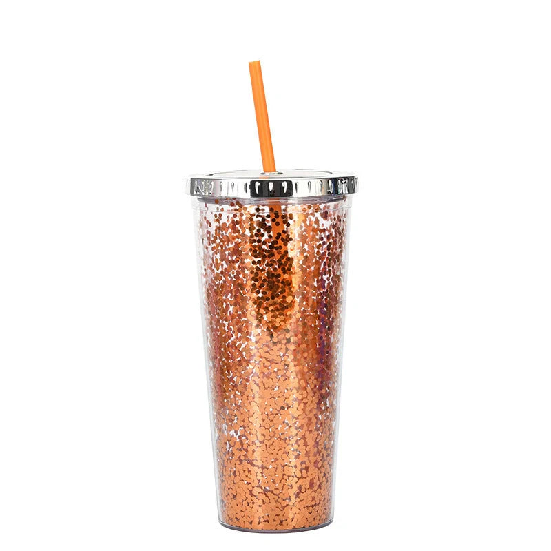 Double-layer sequins cold cup with lids and straws in various colors