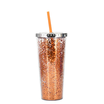 Double-layer sequins cold cup with lids and straws in various colors