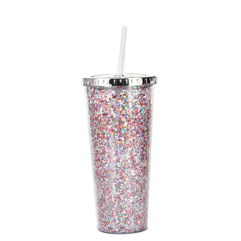 Double-layer sequins cold cup with lids and straws in various colors