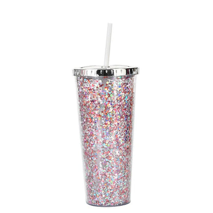 Double-layer sequins cold cup with lids and straws in various colors