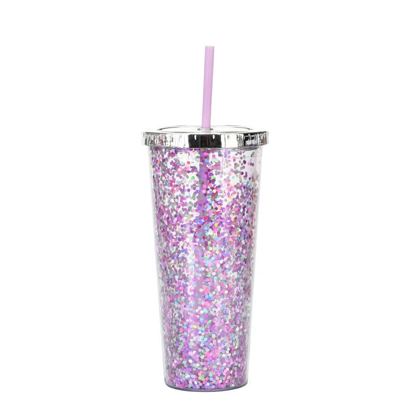Double-layer sequins cold cup with lids and straws in various colors
