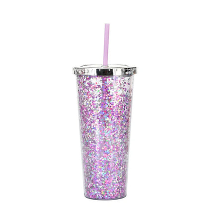 Double-layer sequins cold cup with lids and straws in various colors