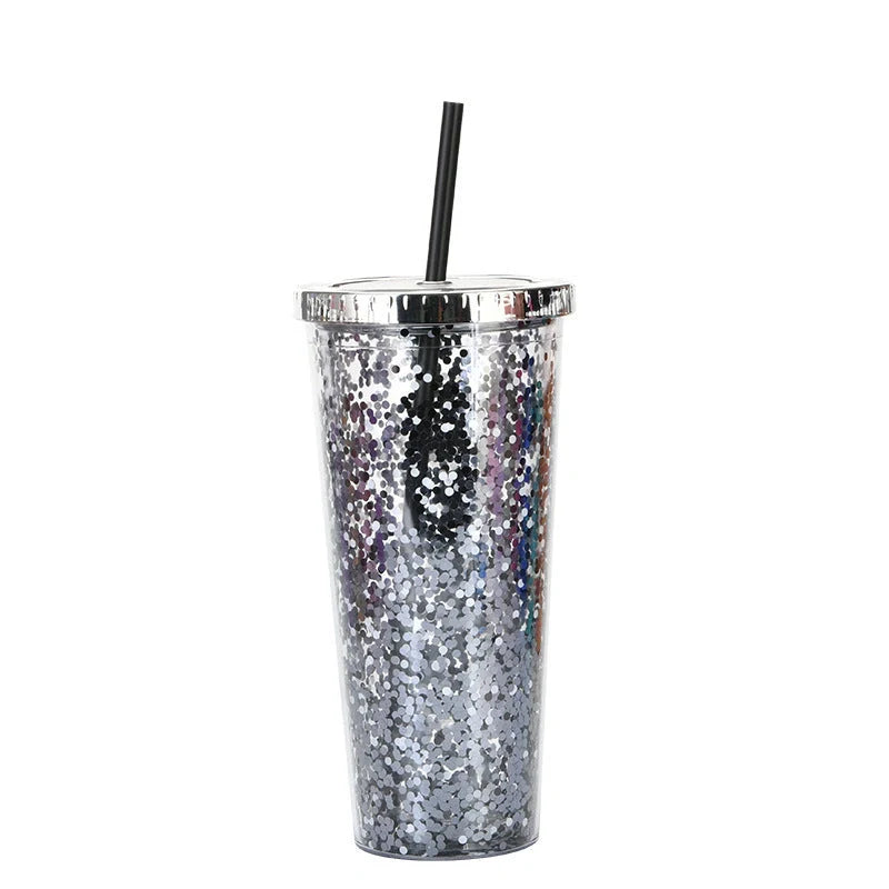 Double-layer sequins cold cup with lids and straws in various colors