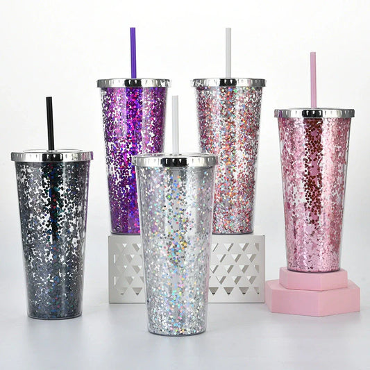 Double-layer sequins cold cup with lids and straws in various colors