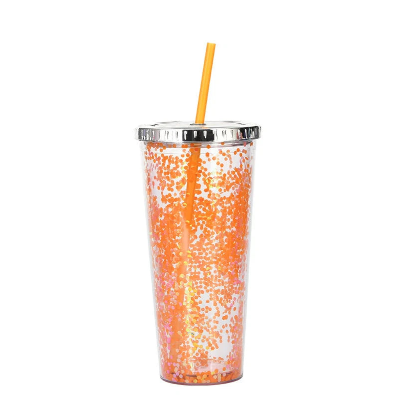 Double-layer sequins cold cup with lids and straws in various colors