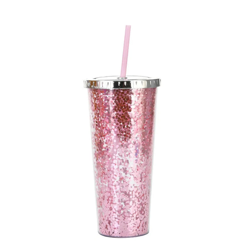 Double-layer sequins cold cup with lids and straws in various colors