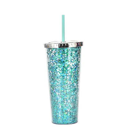 Double-layer sequins cold cup with lids and straws in various colors