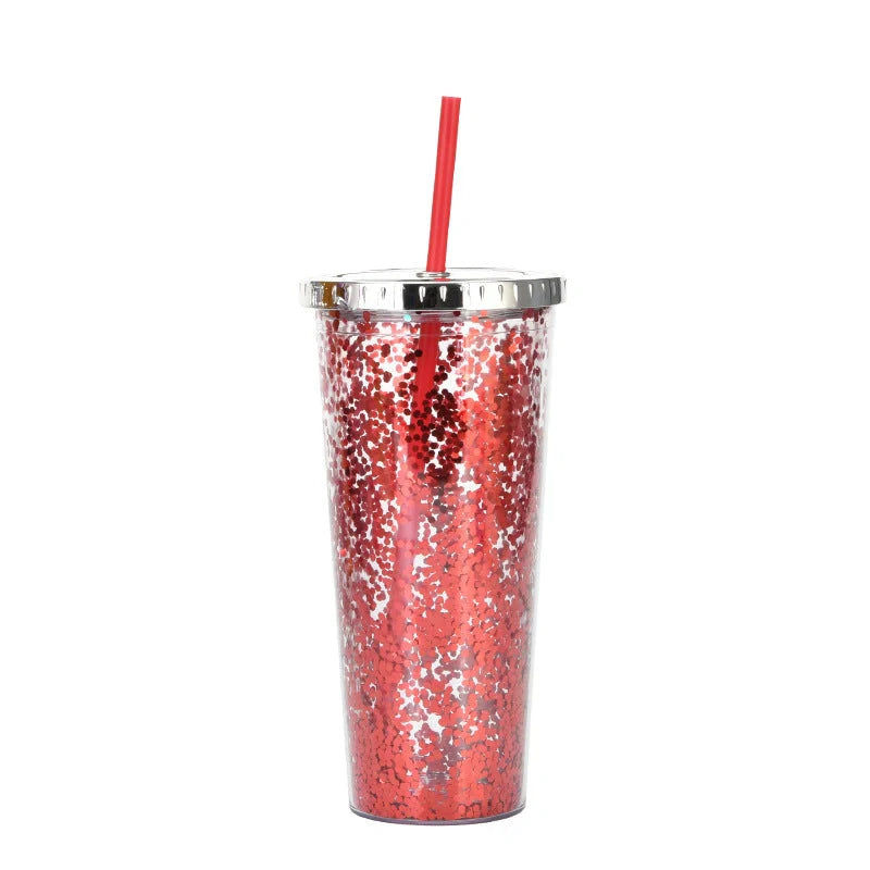 Double-layer sequins cold cup with lids and straws in various colors