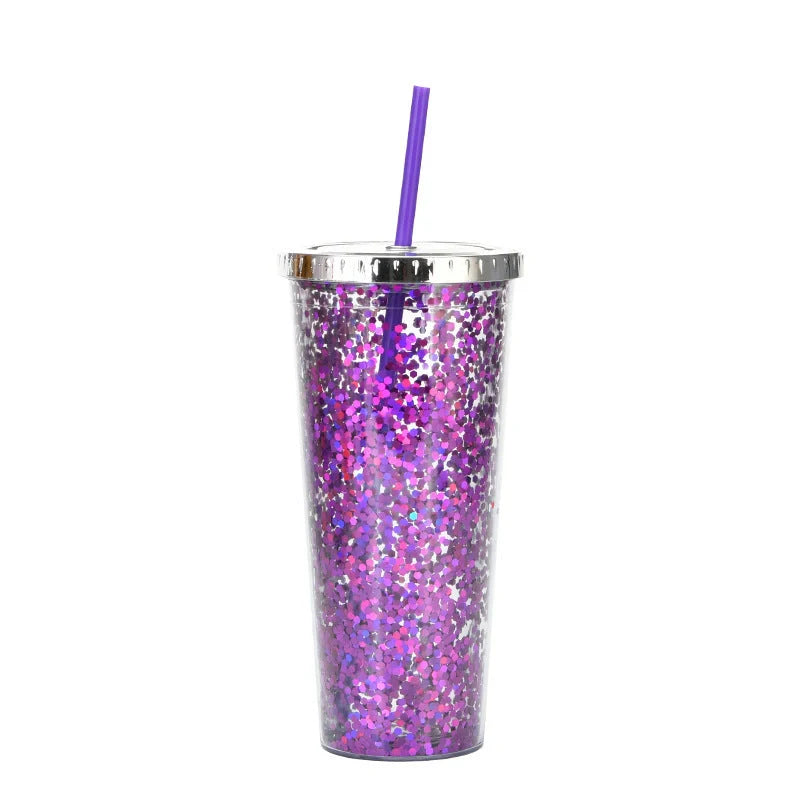 Double-layer sequins cold cup with lids and straws in various colors