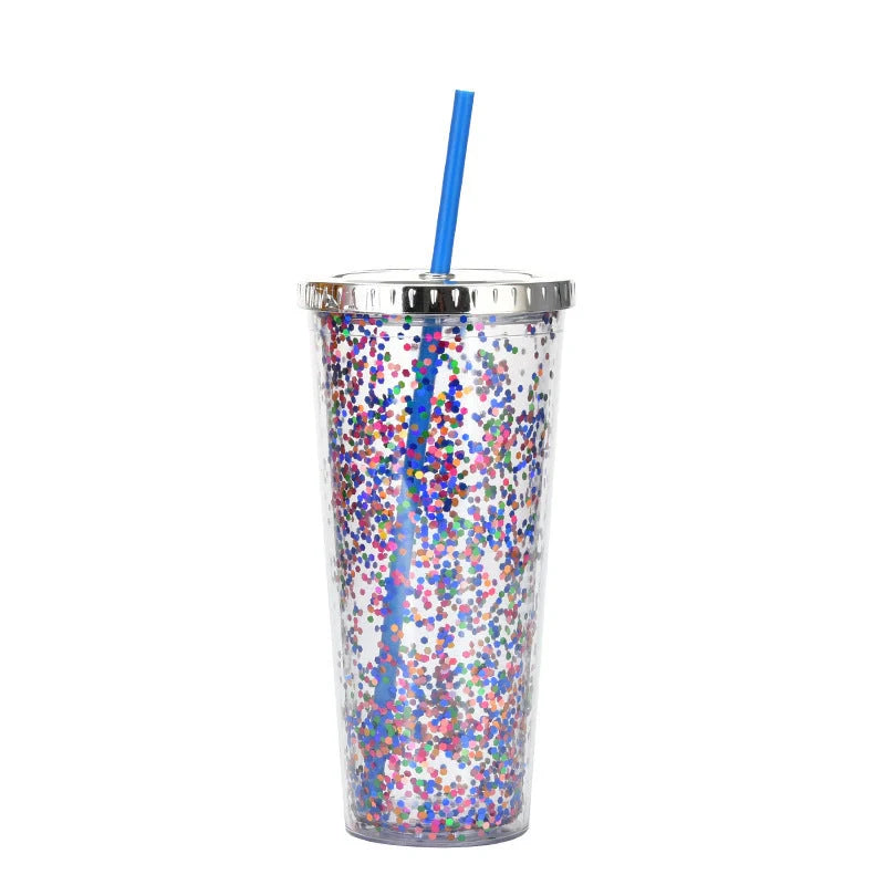 Double-layer sequins cold cup with lids and straws in various colors