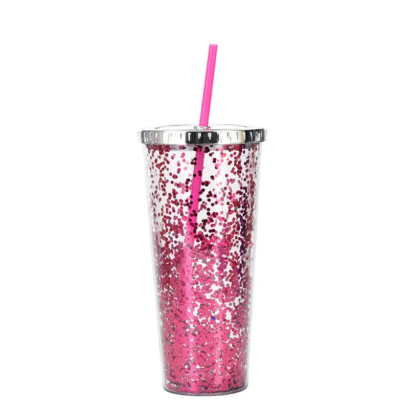Double-layer sequins cold cup with lids and straws in various colors