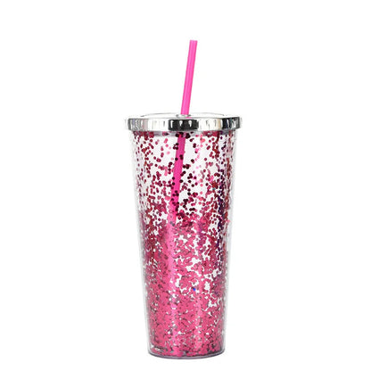 Double-layer sequins cold cup with lids and straws in various colors