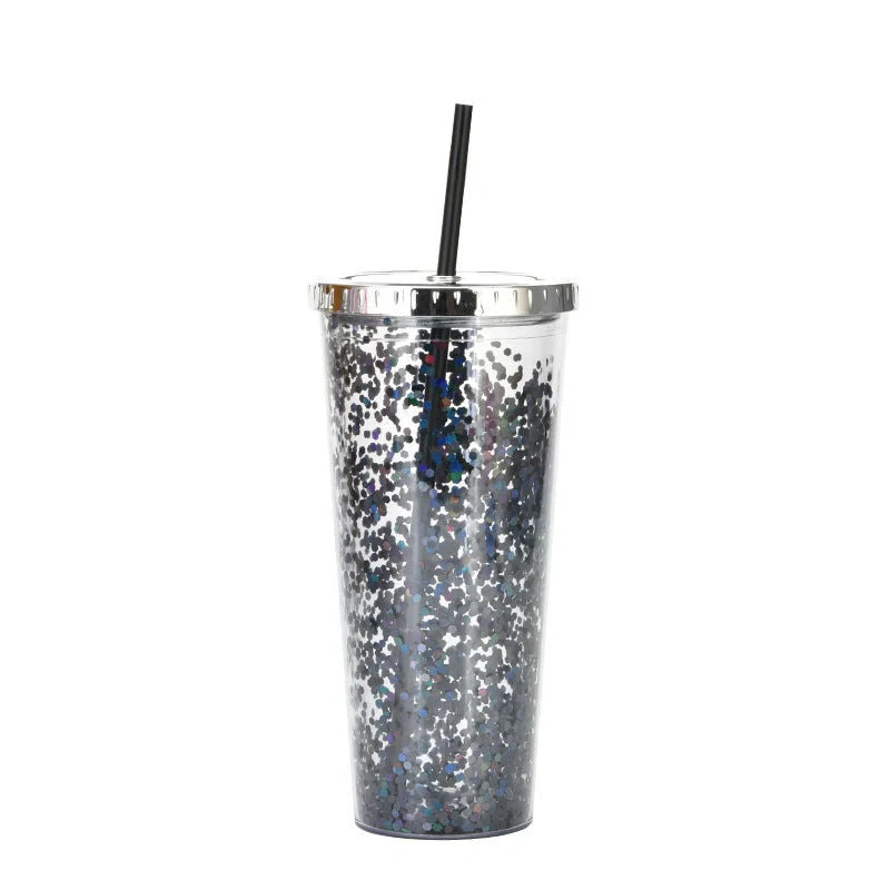 Double-layer sequins cold cup with lids and straws in various colors