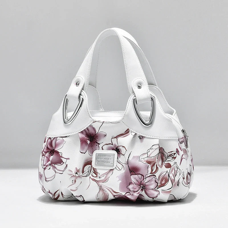 Women's multicolor PU leather handbag with floral design and multiple pockets