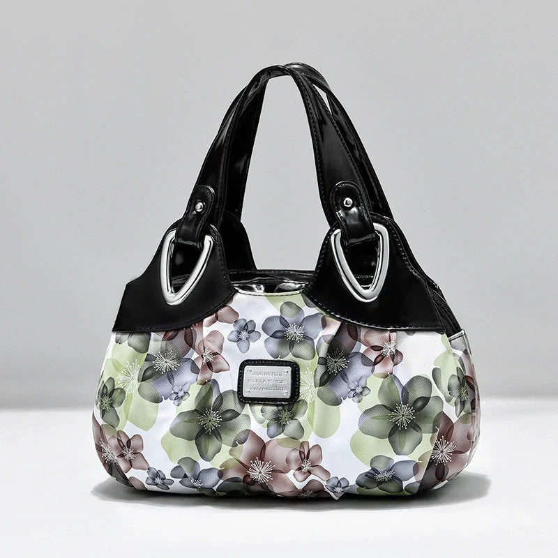 Women's multicolor PU leather handbag with floral design and multiple pockets