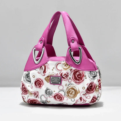 Women's multicolor PU leather handbag with floral design and multiple pockets