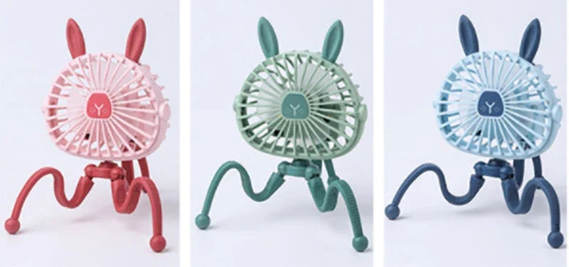 Cute animal-themed mini desk fan with 3 wind speeds, USB rechargeability, and LED lights for strollers, beds, and outdoor use
