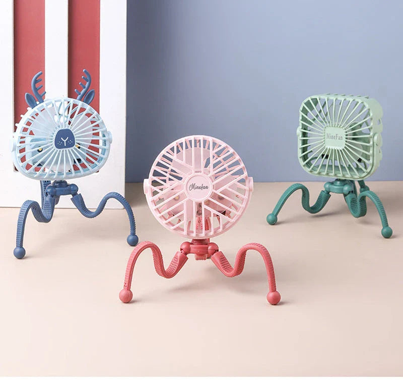 Cute animal-themed mini desk fan with 3 wind speeds, USB rechargeability, and LED lights for strollers, beds, and outdoor use